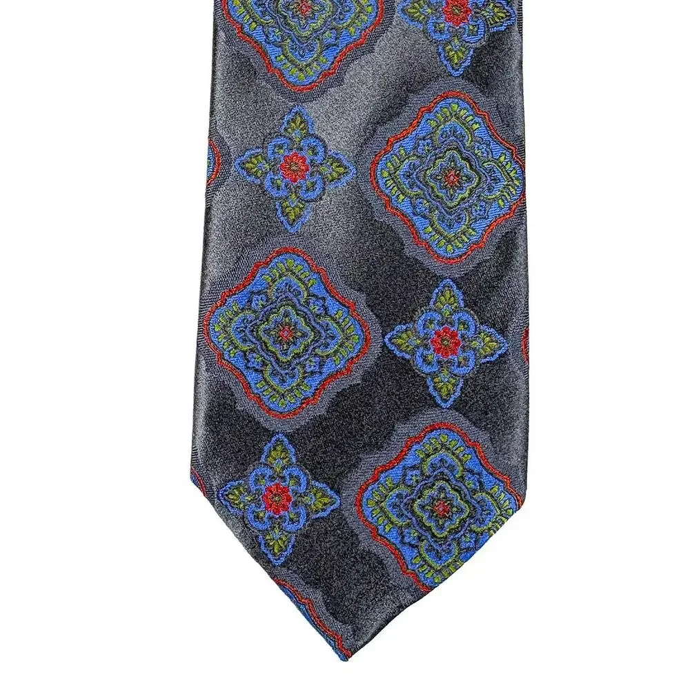 Santorelli Silk Tie Long Gray Green Blue Orange Medallion Made Italy 61 x 3